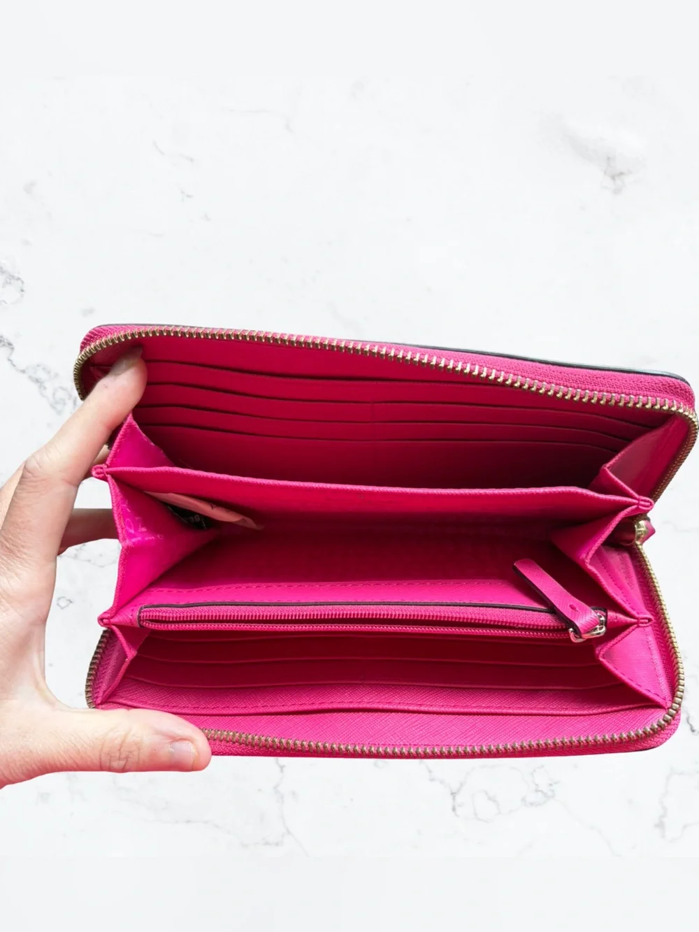 kate spade Hot Pink Zip-Around Saffiano Wallet with Gold Logo